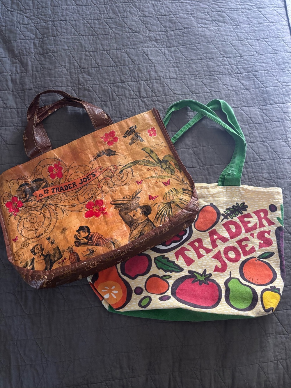2 Trader Joe's Reusable Grocery Totes - Colorful Produce & Vintage Print